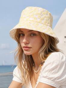 1pc Women's Floral Bucket Hat, Lightweight Breathable Wide Brim Sun Hat, Cute Macaron Color Lace Pattern, Summer Casual Style, Suitable For Travel And Beach - A - View 6