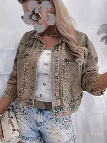 ARWY Women's Classic Denim Jacket, Rhinestone Embellished, Long Sleeve Button Front Collared, Regular Fit Retro Rivet Denim Jacket, Long Sleeve, Button Front Collar, Regular Length, Non-Stretch, Autumn Outerwear Casual - Dark Khaki - View 5
