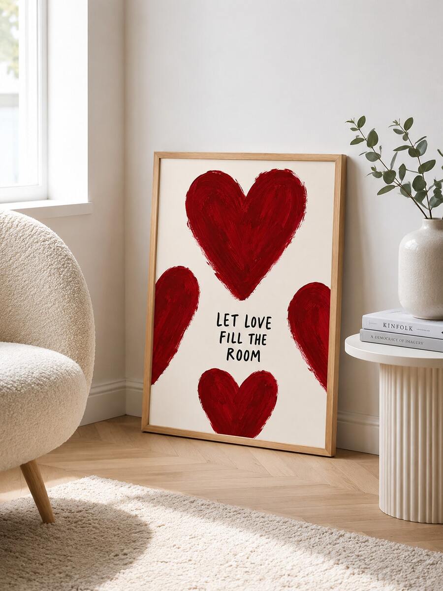 1件裝「Fill The Room With Love」紅色愛心畫布牆飾,浪漫極簡風溫馨愛語畫布海報,適用臥室、客廳 - 彩色 - 查看 1