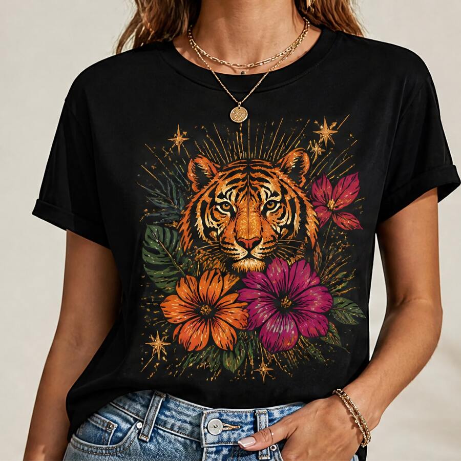 Playera mujer estampado tigre tropical, camiseta dama manga corta cuello redondo, blusa casual femenina con gráfico animal print moderno, moda 2026, top juvenil aesthetic para outfit urbano, ropa de mujer cómoda para verano, playera llamativa para regalo, look streetwear, fiesta, vacaciones, festival, camiseta de moda para chicas y señoras - Negro - Ver 1