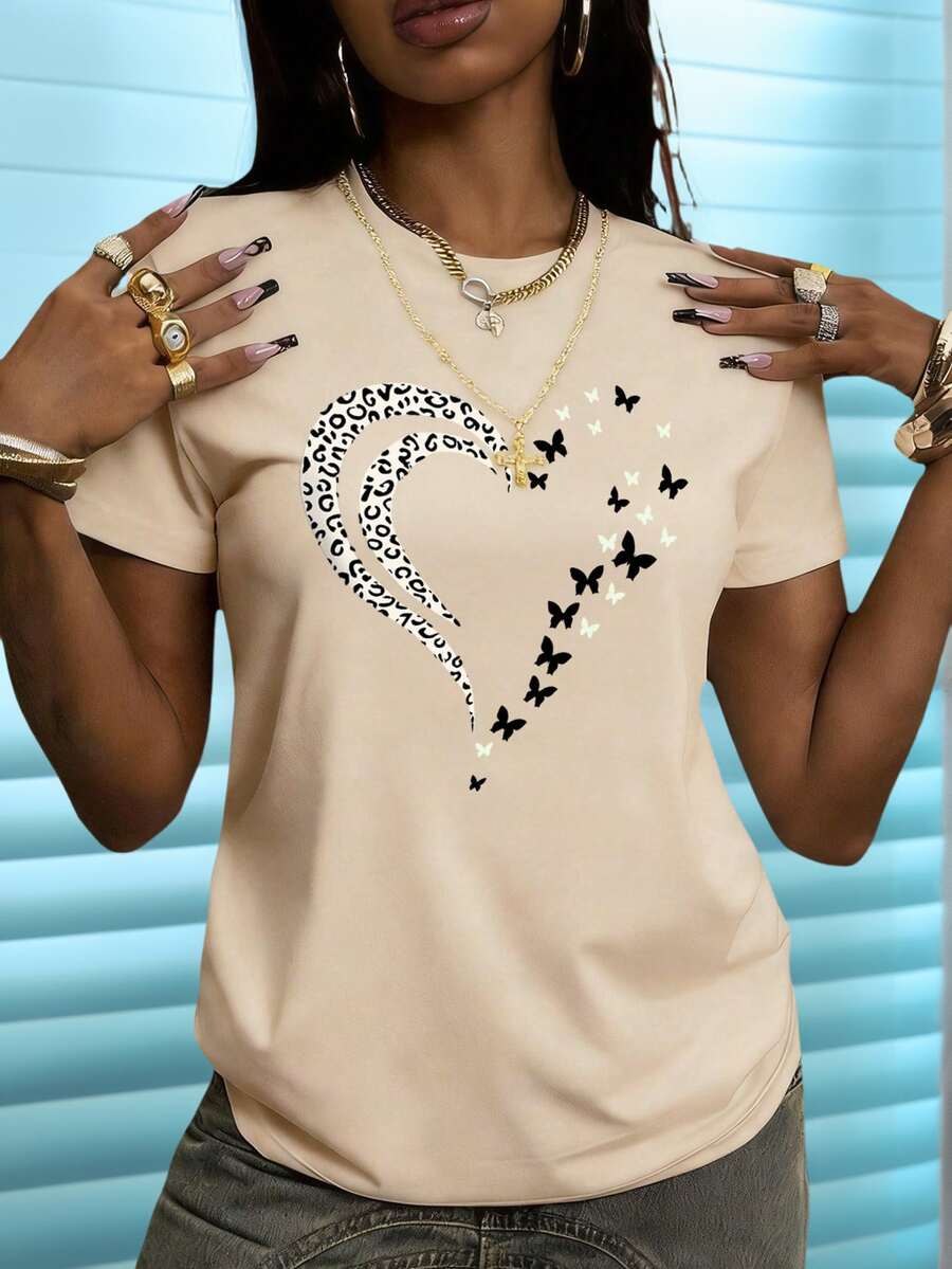 eta de verano para mujer con estampado de eslogan sencillo, corte holgado, cuello redondo, mangas cortas, estilo casual, ideal para vacaciones.Top de moda para el día a día y las vacaciones. - Desnudo - Ver 1
