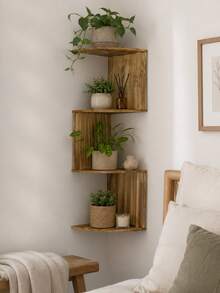 1 pieza Estantería de pared de esquina de madera, estantería flotante de almacenamiento, organizador de pared estilo rústico, adecuado para exhibir plantas, decoración, libros, excelente para la sala de estar, el dormitorio, se adapta a la decoración bohemia - Multicolor - Ver 6