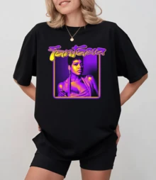 Fantasia Neon Purple Portrait Print T-Shirt, Unisex Casual Top In R&B Singer Style - Black - View 8
