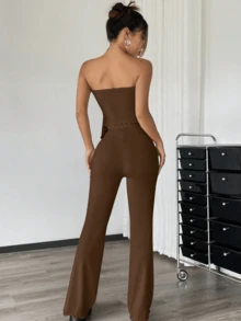 Conjunto de 2 piezas con top camisero asimétrico fruncido color marrón mousse y pantalones acampanados, para primavera/verano - Marrón - Ver 3