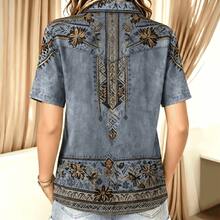 Blusa de mujer talla grande con botones y manga corta, con estampado gráfico 3D, para verano - Niebla azul - Ver 5
