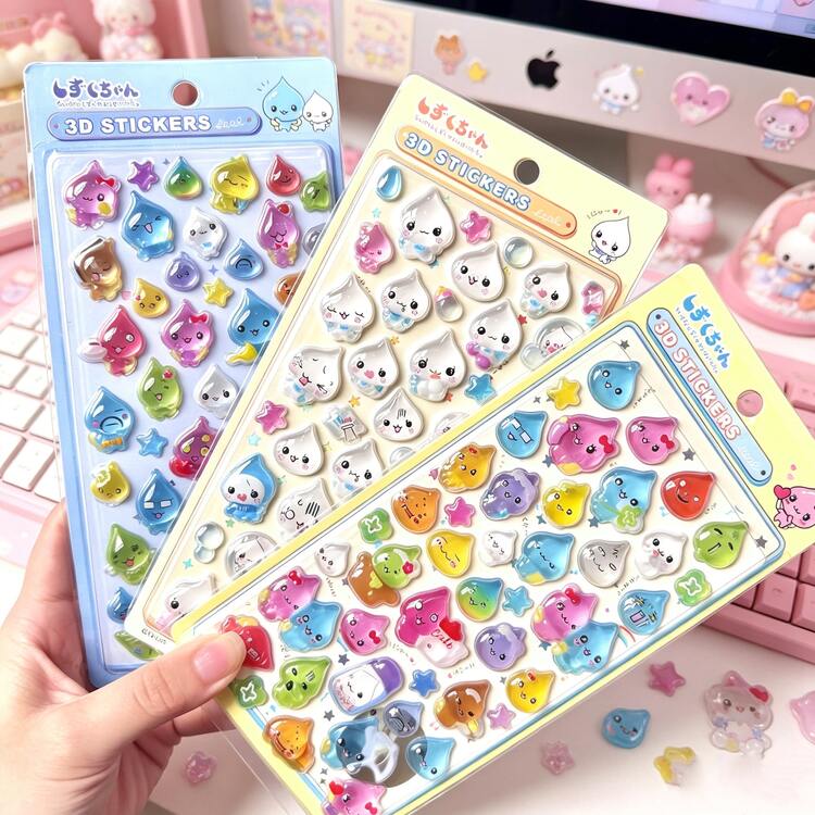 Nhãn dán niêm phong 3D hình giọt nước biểu cảm hoạt hình hài hước, decal vân tinh thể màu sắc cho sổ tay, văn phòng phẩm trang trí DIY, nhãn dán đánh dấu khen thưởng hàng ngày - Nhiều màu - Xem 1