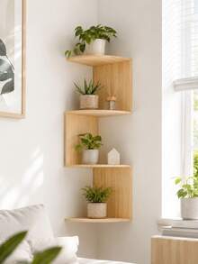 1pc Wooden Corner Wall Shelf, Floating Display Rack, Rustic Style Wall Mounted Storage Shelf, Suitable For Displaying Plants, Decor, Books, Great For Living Room, Bedroom, Fits Boho Decor - Multicolor - View 3