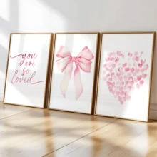 3pcs Modern Wall Art Posters, Room Decor, Home Decor Set, Abstract Canvas Art Paintings, Suitable For Bedroom And Living Room - Butterfly Pattern, "You Are So Loved", Heart Shape Pattern, Pink Bow, Minimalist Style, White Background, Contemporary Art Style, Minimalist Art, Romantic Wall Art | Valentine's Day Decor | Love | Framed Or Unframed, Room Decoration - Multicolor - View 2