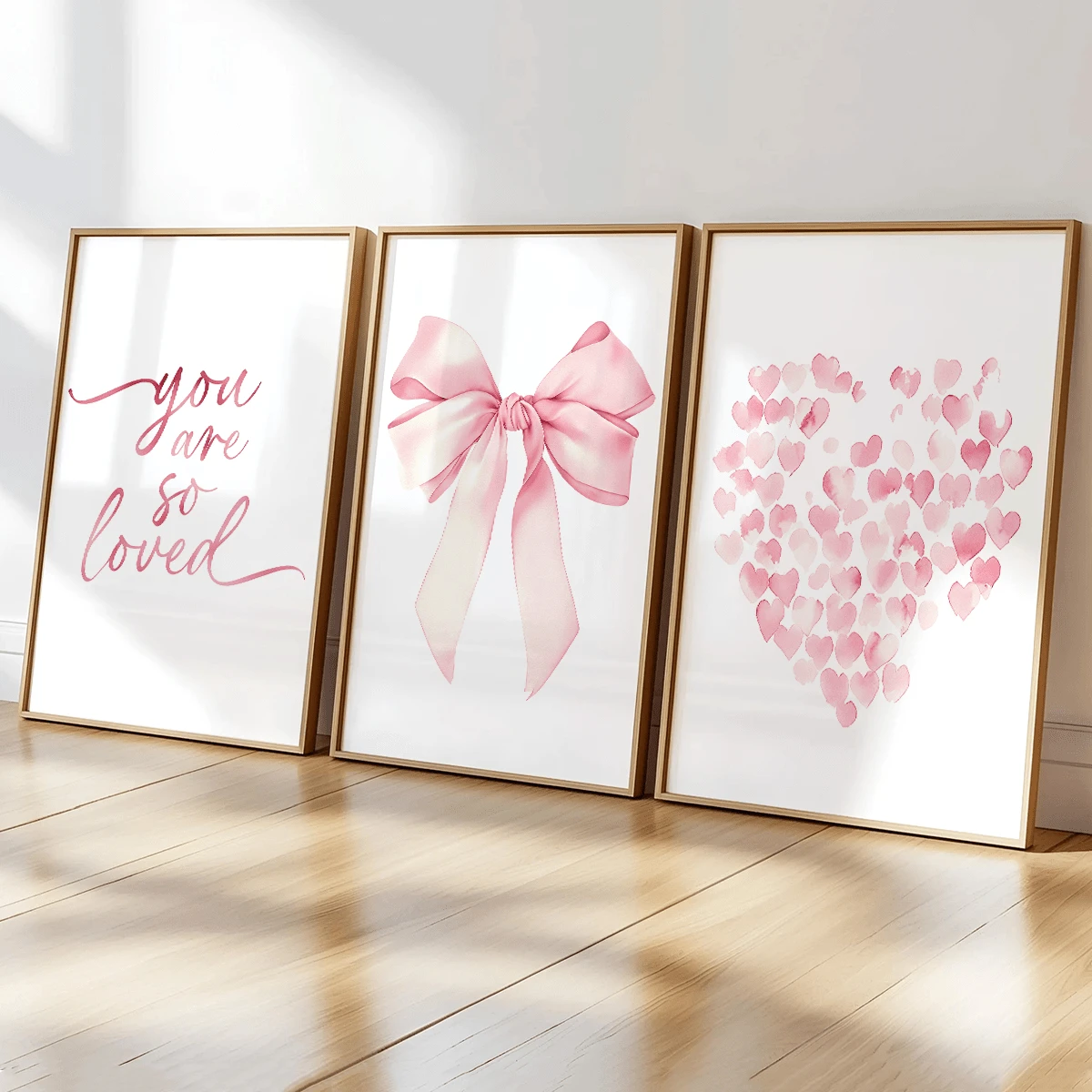 3pcs Modern Wall Art Posters, Room Decor, Home Decor Set, Abstract Canvas Art Paintings, Suitable For Bedroom And Living Room - Butterfly Pattern, "You Are So Loved", Heart Shape Pattern, Pink Bow, Minimalist Style, White Background, Contemporary Art Style, Minimalist Art, Romantic Wall Art | Valentine's Day Decor | Love | Framed Or Unframed, Room Decoration