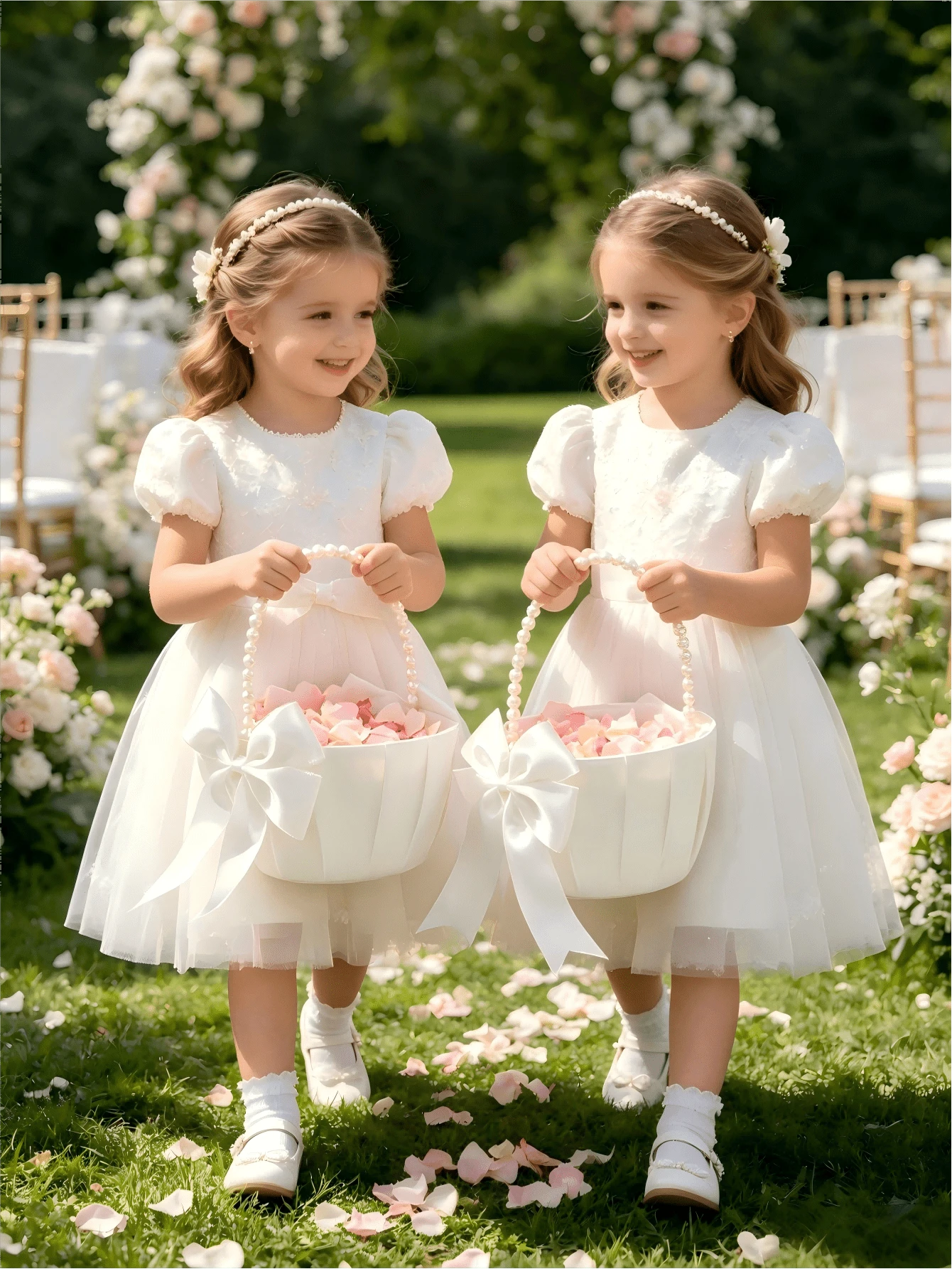 1pc/2pcs Wedding Flower Girl Basket With Cute Pearl Handle And Satin Bow Decor, Suitable For Wedding Ceremony - White - View 1