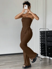 Conjunto de 2 piezas con top camisero asimétrico fruncido color marrón mousse y pantalones acampanados, para primavera/verano - Marrón - Ver 1