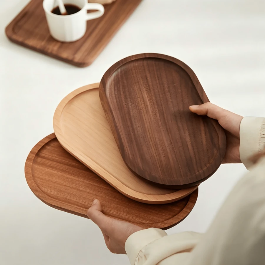 1pc Solid Wood Serving Tray, Oval Coffee Tray, Ins Style Natural Wood Decorative Tray For Home - Multicolor - View 1