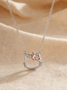 Miniso Hello Kitty Crown Bow Hollow Cat Pendant Necklace 1Pc Rhinestone Two Tone Silver Rose Gold Lightweight Comfortable For Women Daily Party Casual Gift - Style1 - View 3