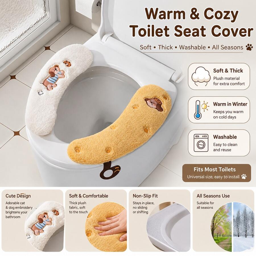 Penutup Dudukan Toilet Motif Kucing & Anjing yang Lembut & Tebal, Dapat Dicuci untuk Penggunaan di Rumah, Hangat & Nyaman untuk Semua Musim, Cocok untuk Semua Ukuran Toilet - MultiWarna - View 1