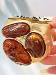 European And American Retro Style Exaggerated Resin Gemstone Wide Open Cuff Bracelet, Vintage Distressed Gold Asymmetrical Tie Dye Stone Texture Bangle - Multicolor B - View 4