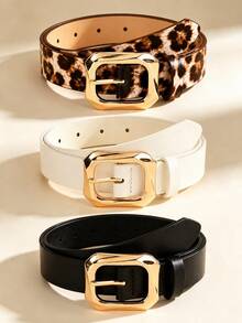 3件組金色幾何色調方形扣環日常穿搭腰帶，復古戶外風，適合女裝、牛仔褲與洋裝，休閒大尺碼 - 豹紋+白色+黑色平紋 - 查看 14