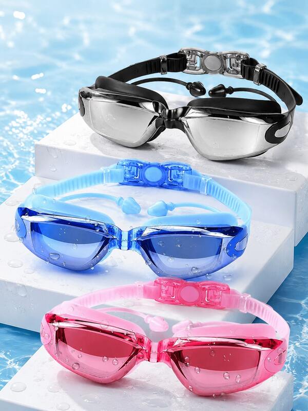 Gafas de natación profesionales anti-empañamiento con recubrimiento electrolítico y tapones para los oídos incorporados, gafas de natación unisex impermeables a prueba de fugas con marco grande, equipo de surf, adecuadas para adultos, natación, piscina, playa, competición y uso recreativo