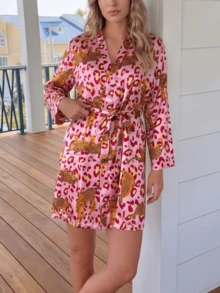 女士豹纹打结腰身休闲家居服睡袍 - 粉色 - 查看 6
