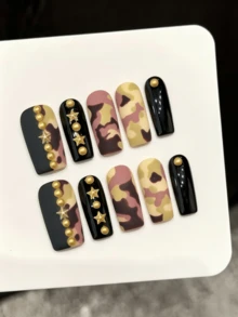 10片手工壓花長方形美甲貼片,熱帶雨林迷彩五角星設計,可拆卸佩戴,適合女性指甲 - 黑色 - 查看 9