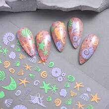 Adesivos de Unha em Formato de Concha Dourada e Prateada, Adesivos de Unha em Formato de Estrela-do-Mar Colorida para Arte de Unhas, Adesivos de Arte de Unhas em Relevo 5D, Decalques de Unhas de Verão e Oceano, Design de Unhas Iridescentes, Decoração de Unhas, Acessórios de Manicure para Mulheres - Multicolorido - Visão 6