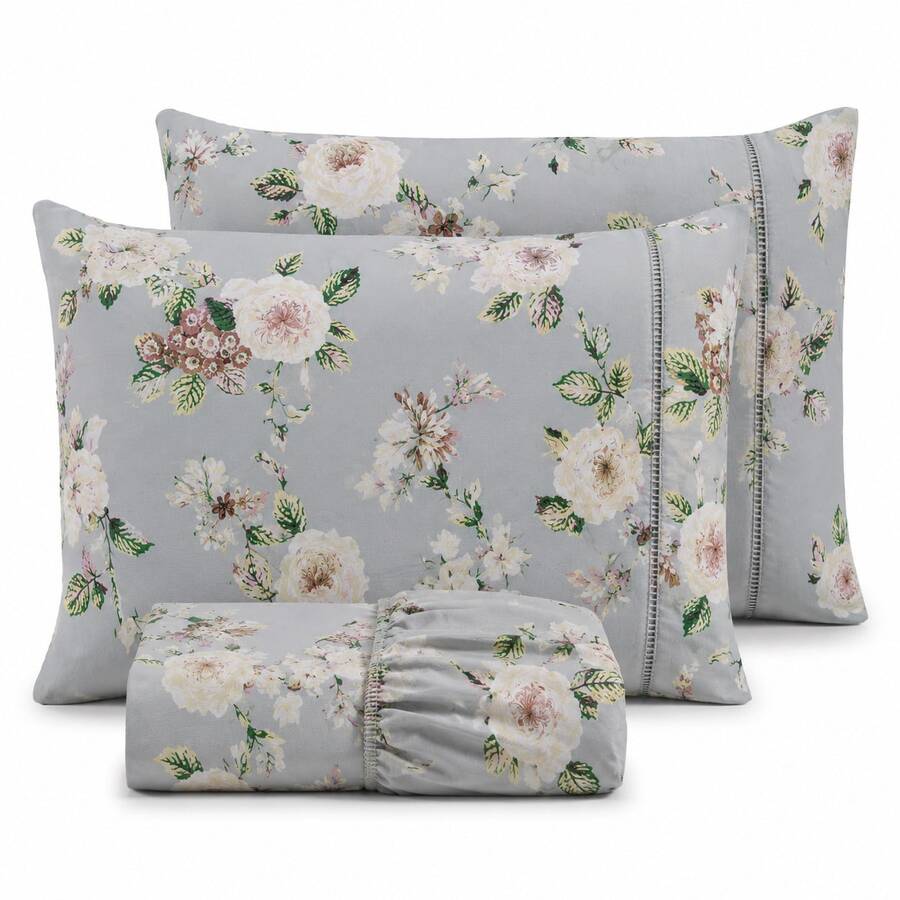 400 Thread Count Micropercal Bedding Set With Hemstitch Detail, 2 And 3 Pieces, Printed, Extra Soft And Comfortable Touch - Jardín Azul - Ver 1