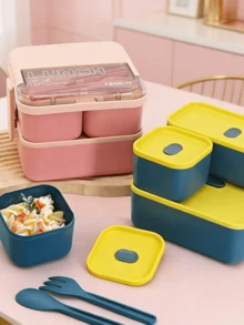 4pcs/1 pieza Caja Bento Estilo Macaron Minimalista de unicolor (Opcional Juego de 4pcs o Paquete Individual) - Hecha de Material PP, Incluye Juego de Tenedor y Cuchara Integrados, Apta para Microondas, Refrigerador, Congelador y Lavavajillas - Multicolor - Ver 8
