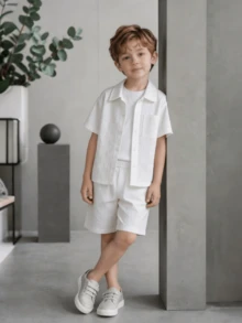2pcs Back To School Boys Clothes Set: Floral Print Collar Pocket Short Sleeve Shirt And Matching Floral Bowknot Shorts, Summer Casual Outfit - White - View 8