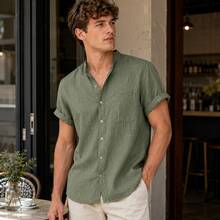Mens Linen Button Up Shirt Casual Short Sleeve Collared Cardigan Breathable Solid Color Linen Summer Beach Vacation Relaxed Fit Lightweight Mens Resort Wear - Army Green - View 1