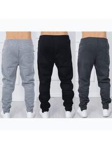 2-Piece Set Of Men's Fleece-Lined Sweatpants / Zippered Pockets / Elastic Waistband, Available In 3 Random Colors. - 黑色 - 查看 2