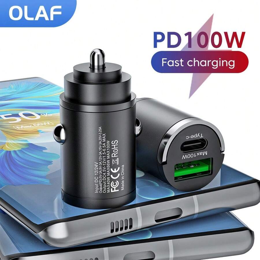 100W PD USB Mini Car Charger, QC3.0 Fast Charging Car Charger, USB Type-C Adapter Compatible With IPhone - A - View 1