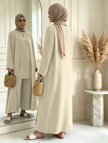 3 Pieces Modest Clothing Set Including Long Abaya, Sleeveless Short Tank Top And Matching Trousers - Multicolor - View 5