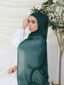 Spring/Summer New Satin Textured Modest Hijab Dark Patterned Solid Color Satin Rectangular Muslim Headscarf Breathable Summer Hijab - Dark Green - View 1