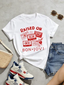 Camiseta de manga corta con cuello redondo suave y casual para mujer, con estampado gráfico de casete de Bon Jovi, perfecta para primavera y verano. - Blanco - Ver 5