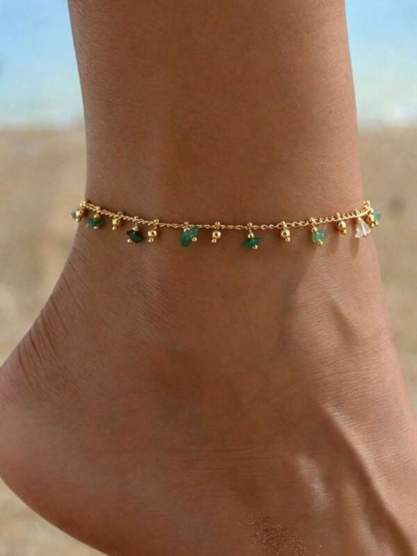 1 pièce Bracelet de cheville simple style plage avec perles en pierre naturelle pour femmes, pour les vacances et le port quotidien (chaîne faite main, la couleur peut varier)