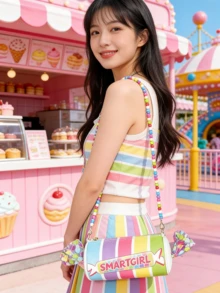 彩虹糖果造型壓克力珠長肩帶Y2K時尚女款斜背包，創意印花彩色字母與條紋設計，可愛圓柱體獨特造型女包 - 彩色 - 查看 2