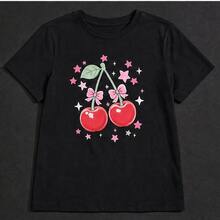 Playera para mujer con estampado de cerezas y moños, camiseta dama manga corta cuello redondo, blusa casual juvenil para mujer, ropa cómoda y fresca para verano, playera gráfica femenina, top lindo para outfit diario, camiseta con diseño frutal colorido, blusa para jeans falda short, regalo para novia amiga hermana, tallas chicas medianas grandes, diseño dulce divertido - Negro - Ver 4