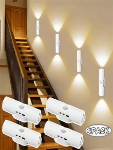 1 pieza/2pcs/4pcs Luz LED con Sensor de Movimiento, Luz LED con Sensor de Movimiento para Escalones, Luz LED de Pared de 3 Colores, Luz Nocturna de Doble Cabezal con Iluminación Ajustable de 3 Colores, Luces Magnéticas para Escalones para Entrada, Mesita de Noche, Escritorio, Armario (400mAh)(Colores de Botón, Distribuidos al Azar) - USB - Ver 1