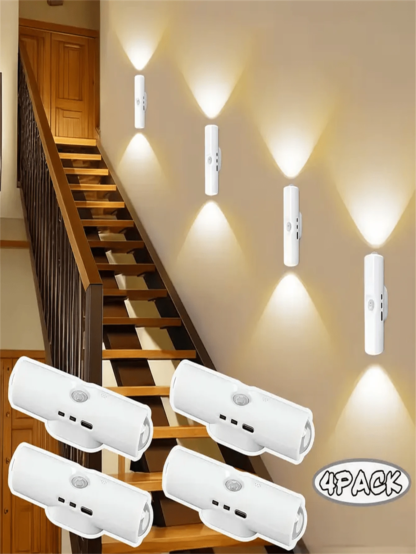 1 pieza/2pcs/4pcs Luz LED con Sensor de Movimiento, Luz LED con Sensor de Movimiento para Escalones, Luz LED de Pared de 3 Colores, Luz Nocturna de Doble Cabezal con Iluminación Ajustable de 3 Colores, Luces Magnéticas para Escalones para Entrada, Mesita de Noche, Escritorio, Armario (400mAh)(Colores de Botón, Distribuidos al Azar) - USB - Ver 1