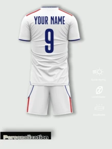 2pcs Customizable Lyon Home White Football Set (Jersey & Shorts), Red & Blue Vertical Striped Jersey & Shorts, Soccer Uniform Summer Sports - White - View 3