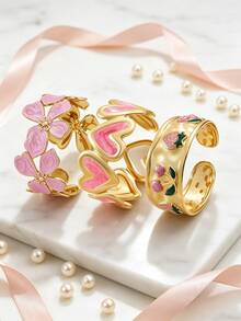 3PCS Minimalist Fashion Vintage Elegant Gentle Style Oil Drip Asymmetrical Four-Leaf Clover/Cherry Strawberry/Heart Bracelet Set Stainless Steel Women's Bracelet Suitable For Women's Daily Wear/Party/Evening Banquet/Afternoon Tea/Holiday Gift For Friends - Yellow Gold - View 4