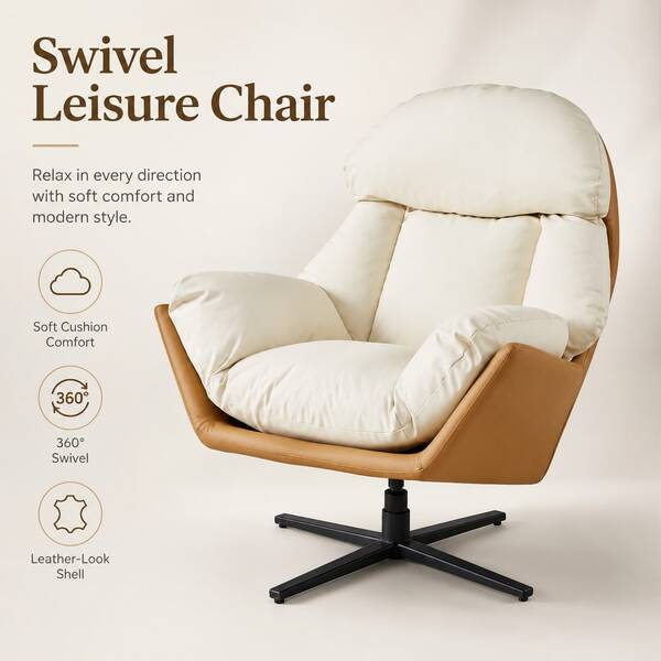 Classic Swivel Leather & Fabric Patchwork Single Leisure Chair - 86cm Wide Bedroom Study Chair With Powder Coated Metal Legs 360 Degree Single Sofa Chair Living Room Coffee Chair Vanity Chair Single Seat Painted Iron Frame Sofa Sofa Recliner
