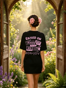 Camiseta de manga corta con cuello redondo suave y casual para mujer, estampado gráfico de casete retro rock con letras rosas para uso diario en primavera y verano. - Negro - Ver 2