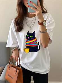 Fashionable Short-Sleeved T-Shirt, Pink Letter-Printed Casual Women's 100% Cotton Top, Women's Clothing - White - View 1
