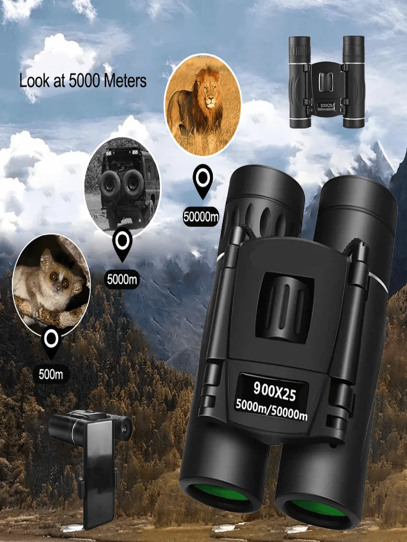 1件 900x25 高倍率低光雙筒望遠鏡,5000米遠距離視距高清光學鏡片,可折疊輕量防滑設計,防水防霧,適用於戶外露營、觀鳥、音樂會、徒步旅行 - 黑色 - 查看 1