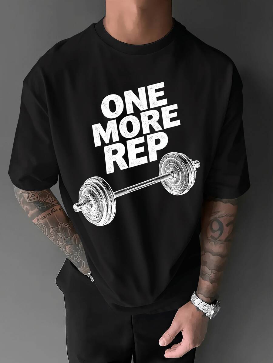 Minimalistisk. 100 % bomull. 1pac herr tyngdlyftnings-T-shirt "One More Set" - Lös passformad gymtröja med fitnesstryck, andningsbar sommarträningströja, lämplig för träning, gym och vardagsbruk, rund halsringning, designad för tyngdlyftare och kroppsbyggare. Vår-/sommartopp. - Svart - Visa 1