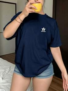 Loose-Fitting Short-Sleeved T-Shirt For Women, Available In Various Colors And Made From A Comfortable Fabric, Ideal For Any Occasion: White, Royal Blue, Black, Gray, Burgundy, Brown And Apricot. - 藏蓝色 - 查看 9