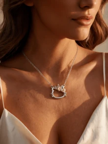 Miniso Hello Kitty Crown Bow Hollow Cat Pendant Necklace 1Pc Rhinestone Two Tone Silver Rose Gold Lightweight Comfortable For Women Daily Party Casual Gift - Style1 - View 1