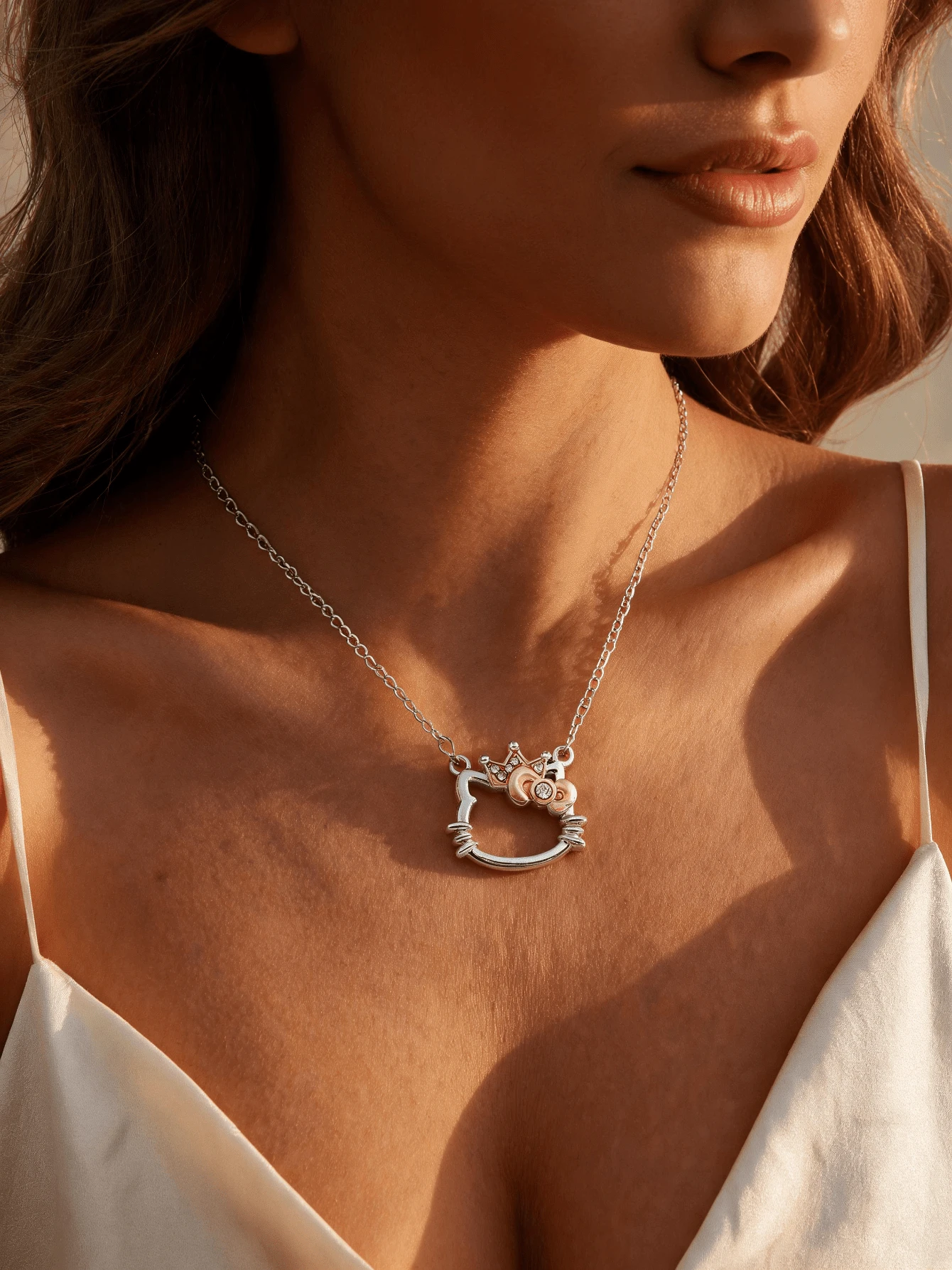 Miniso Hello Kitty Crown Bow Hollow Cat Pendant Necklace 1Pc Rhinestone Two Tone Silver Rose Gold Lightweight Comfortable For Women Daily Party Casual Gift - Style1 - View 1