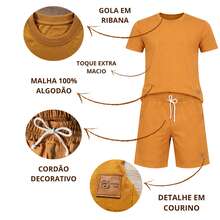 Conjunto Camiseta Lisa Manga Curta e Short Básico Para Menino Roupa Infantil 100% Algodão Moda Verão Peças Monocromáticas em Cores Variadas Veste 4 ao 14 Anos - Laranja - Visão 3