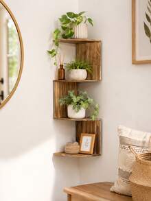 1 pieza Estantería de pared de esquina de madera, estantería flotante de almacenamiento, organizador de pared estilo rústico, adecuado para exhibir plantas, decoración, libros, excelente para la sala de estar, el dormitorio, se adapta a la decoración bohemia - Multicolor - Ver 5